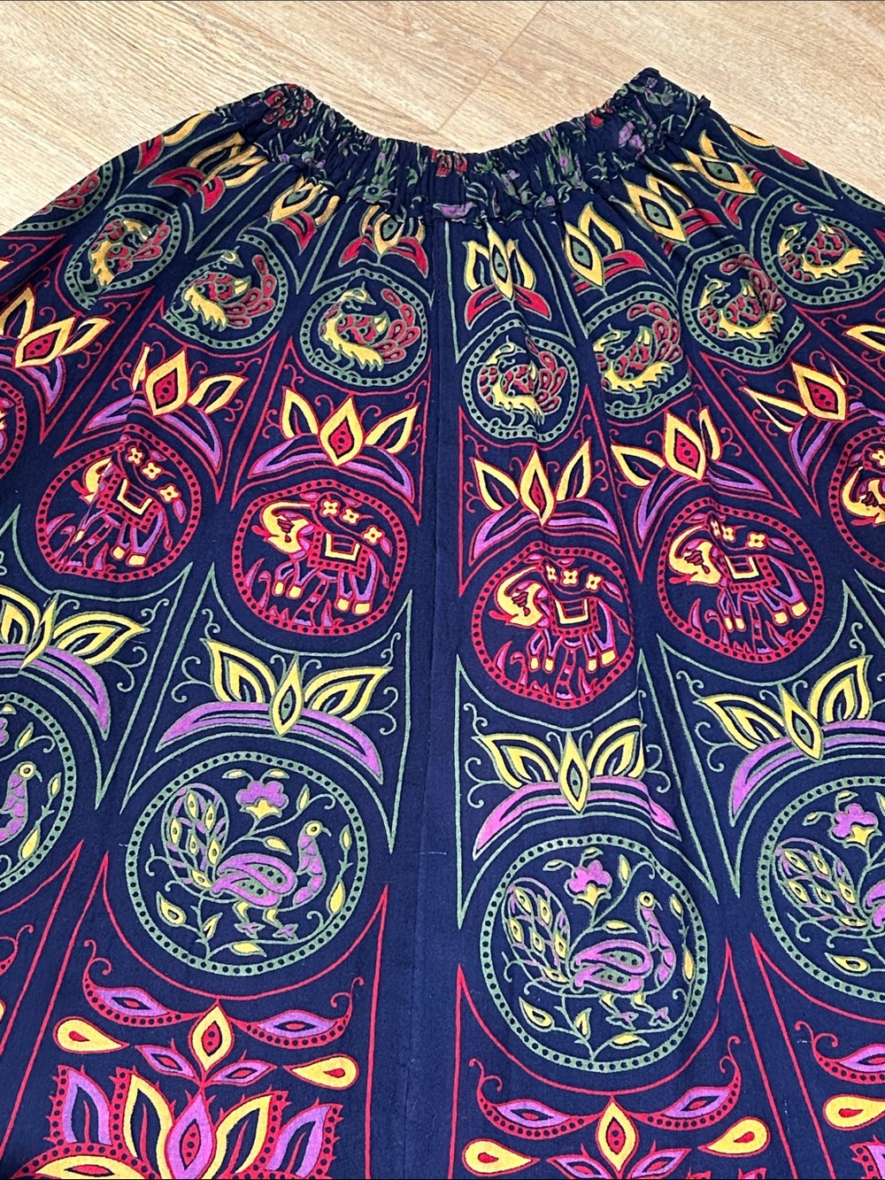 Boho Navy Maxi Skirt with Colorful Elephant Camel Peacock Medallions - Picture 3 of 11